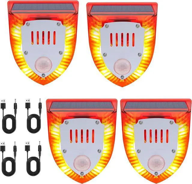Main image of Solar Outdoor Motion Sensor Alarm - Dog Barking&Gunshot Sound 129db, Light Strobe Light Warning Lamp with USB, Motion Detector Noise Maker Warning Lamp for Home, Villa, Farm, Barn, Yard(4 Pack)