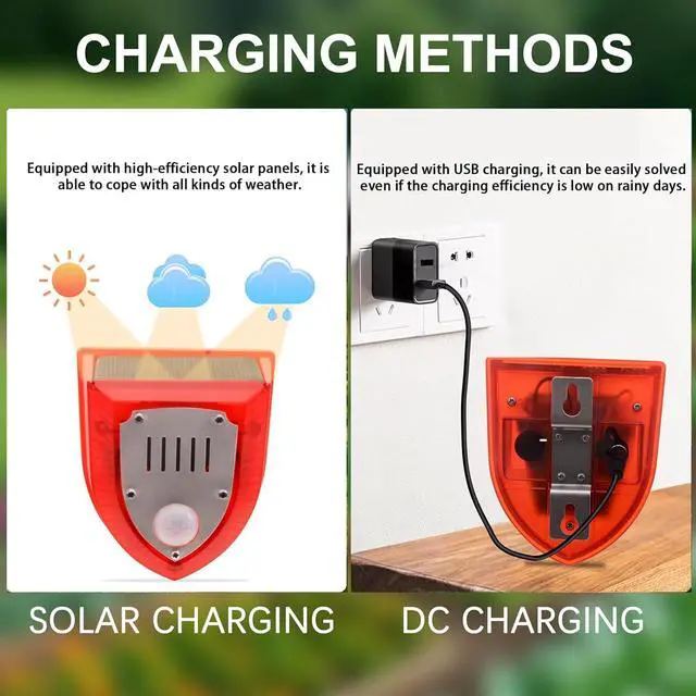 Alt view image 4 of 7 - Solar Outdoor Motion Sensor Alarm - Dog Barking&Gunshot Sound 129db, Light Strobe Light Warning Lamp with USB, Motion Detector Noise Maker Warning Lamp for Home, Villa, Farm, Barn, Yard(4 Pack)