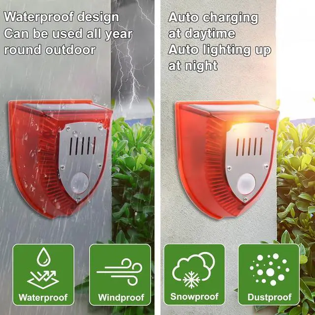 Alt view image 5 of 7 - Solar Outdoor Motion Sensor Alarm - Dog Barking&Gunshot Sound 129db, Light Strobe Light Warning Lamp with USB, Motion Detector Noise Maker Warning Lamp for Home, Villa, Farm, Barn, Yard(4 Pack)