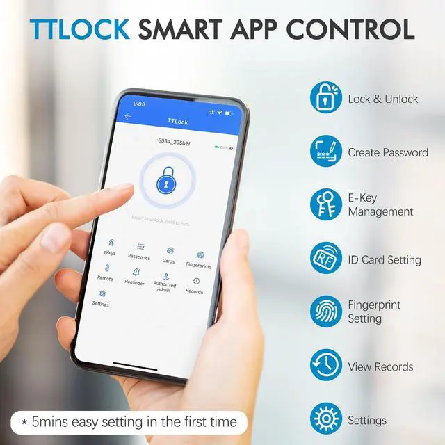 Alt view image 6 of 7 - Keypad Smart Lock with Handle for Front Door, 5-in-1 Control by Fingerprint/Password/APP/E-Key/Key, Simple and Reliable, 12 Months Battery Life, Easy Installation (MT-B16-S)