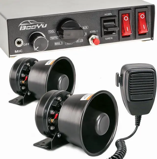 Main image of BooYu 9 Tone 12V 400W Warning Emergency Police Siren PA System for Firefighter Ambulance Vehicles Truck Car SUV [Black Steel Speaker][Handheld Microphone][125-135dB][2 x 10A Switches]
