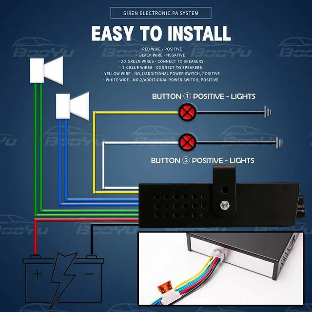 Alt view image 4 of 7 - BooYu 12V 400W Police Emergency Siren for Vehicles Truck, 9 Tone Slim Speaker Horn Alarm PA System for Firefighter Ambulance [Handheld Microphone][2 x 10A Switches]