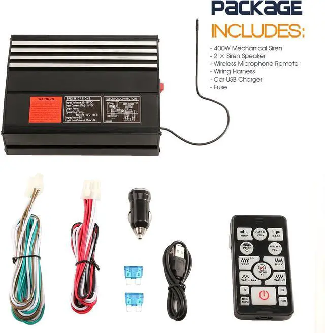 Alt view image 2 of 7 - BooYu 12V 400W 20 Tones Police Warning Emergency Siren PA System [2 x Slim Speaker][Wireless Remote Handheld Microphone][2 x 10A Switches] for Firefighter Ambulance Vehicles Truck Car SUV ATV UTV