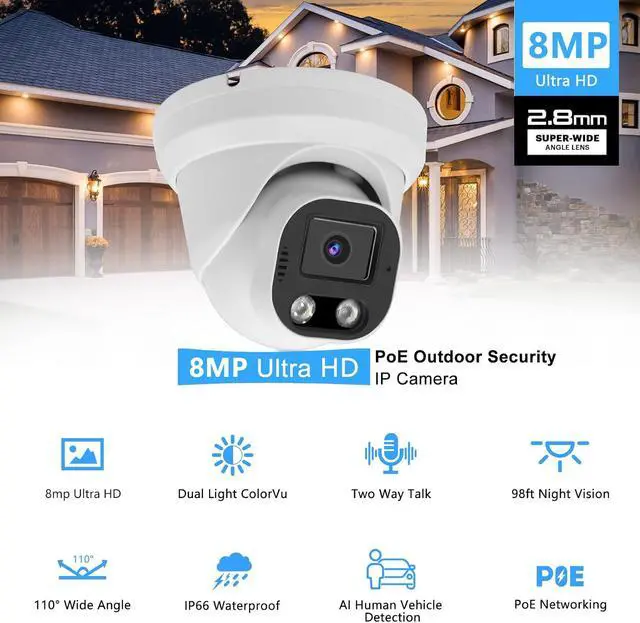Alt view image 2 of 6 - 4K 8MP Full Color Turret IP Security Camera with SD Card Slot