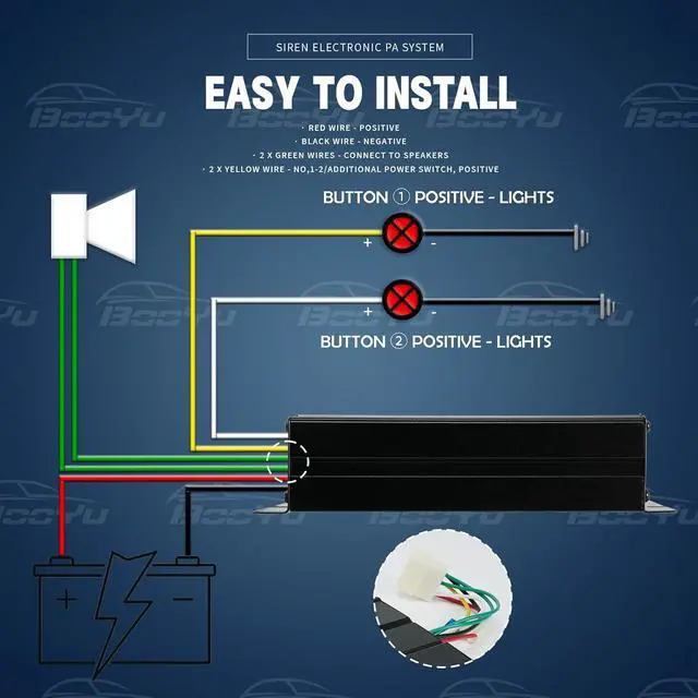 Alt view image 3 of 7 - BooYu Police Emergency Slim Speaker Horn Siren PA System for Vehicles Truck Firefighter Ambulance Tow UTV ATV Van Car POV RV [12V/200W][120-135dB][Handheld Microphone][Hands-Free][2 x 10A Switches]