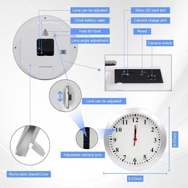 Alt view image 6 of 7 - Hidden Camera Wall Clock - FHD Nanny Cam with Motion Detection - Spy Camera for Indoor Office Home Security - No WiFi Function - SD Card Not Included
