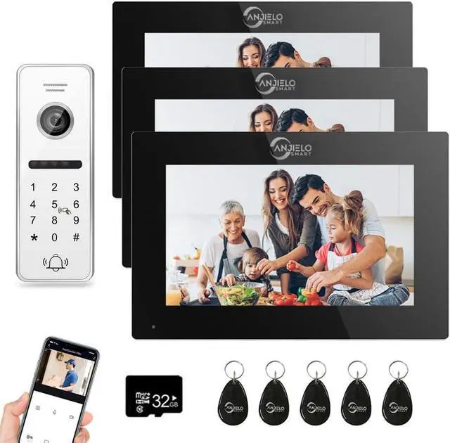 Wired Video Doorbell Apartment Intercom 3 Unit 7 Inch Touch Screen Monitor 1080P HD Camera 4 in 1 Unlocking Support RFID Card Password WiFi Smart Home Door Phone Kits for Home Villa,32G