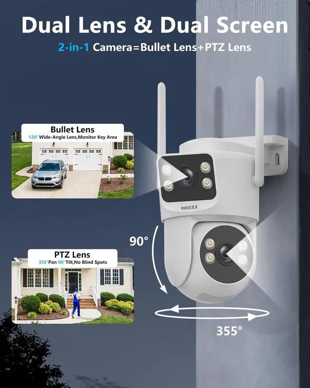 Alt view image 2 of 7 - OOSSXX (2-Way Audio & Auto Tracking) Dual Lens PTZ Outdoor Security Camera, 2.5K Wireless Cameras 2.4G/5G WiFi for Home Security System, Color Night Version, Motion Detection
