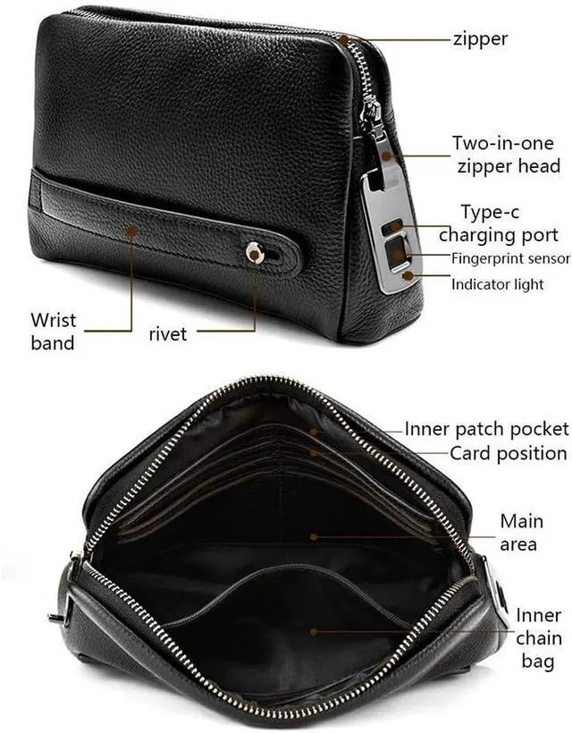 Alt view image 7 of 7 - Mens Zipper Wallets, Smart Fingerprint Wallet, Black Men Zipper Leather Wallet Smart Fingerprint Handbag Anti Theft Handbag for Boyfriends Fathers