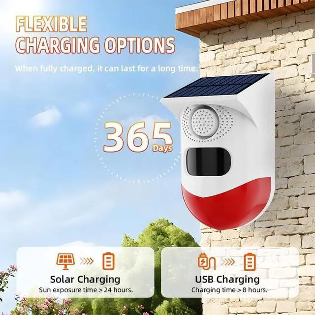 Alt view image 4 of 5 - YBJ Solar-Powered Motion Sensor Outdoor Alarm Clock 120-decibel Safety Alarm Light IP65 Waterproof Rating Remotely Adjustable Four Operating Modes Ideal for Homes, Farms, Barns, Yards, and More (3)