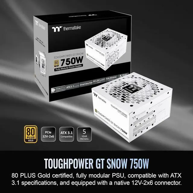 Alt view image 2 of 6 - Thermaltake Toughpower GT 750W Snow ATX 3.1 Power Supply; 80 Plus Gold Efficiency; Smart Zero Fan; Native 600W PCIe 5.1 Connector; PS-TPT-0750FNFAGU-W; 5 Year Warranty