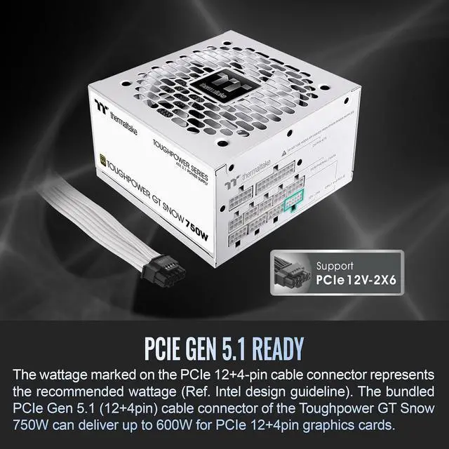 Alt view image 4 of 6 - Thermaltake Toughpower GT 750W Snow ATX 3.1 Power Supply; 80 Plus Gold Efficiency; Smart Zero Fan; Native 600W PCIe 5.1 Connector; PS-TPT-0750FNFAGU-W; 5 Year Warranty