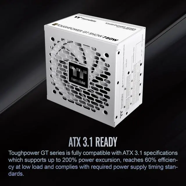 Alt view image 3 of 6 - Thermaltake Toughpower GT 750W Snow ATX 3.1 Power Supply; 80 Plus Gold Efficiency; Smart Zero Fan; Native 600W PCIe 5.1 Connector; PS-TPT-0750FNFAGU-W; 5 Year Warranty