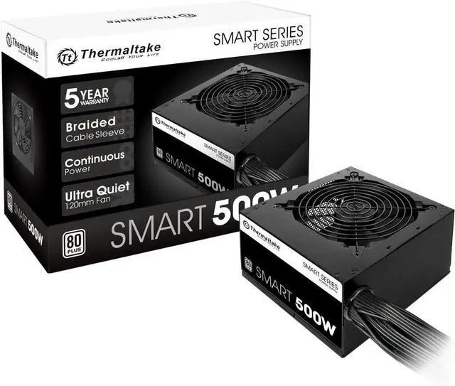 Main image of Thermaltake Smart 500W 80+ White Certified PSU, Continuous Power with 120mm Ultra Quiet Cooling Fan, ATX 12V V2.3/EPS 12V Active PFC Power Supply PS-SPD-0500NPCWUS-W
