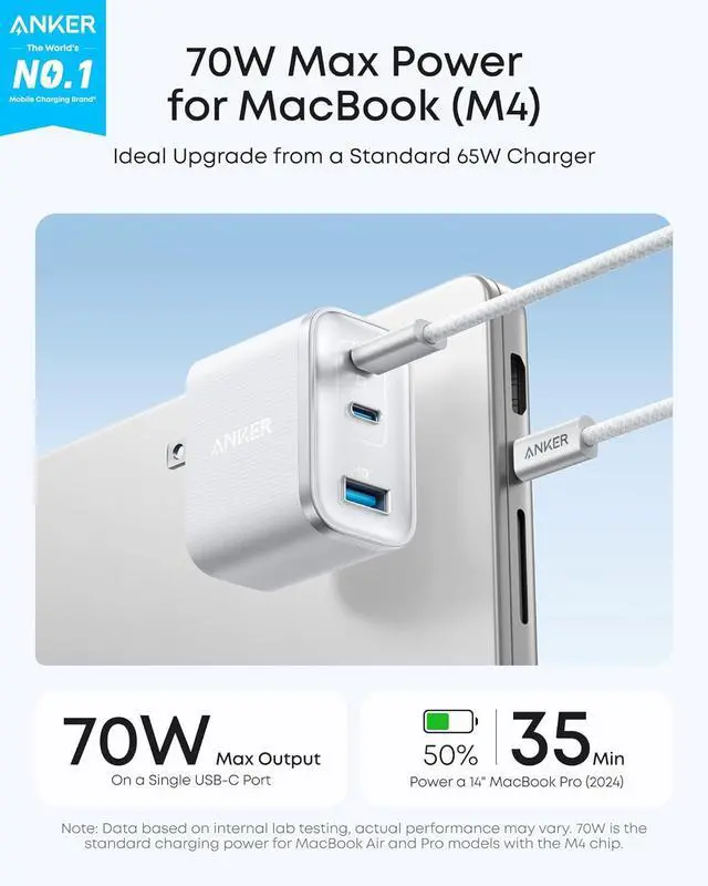 Alt view image 2 of 6 - Nano USB C Charger Ultra-Fast 70W Output 3-Port Fast Charger USB C Type C Charger Fast Charging Compact and Stylish for iPhone 17/16 Series MacBook iPad and More(Black Cable Included)