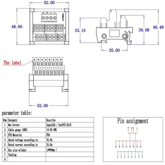 Alt view image 4 of 6 - 2 in 8 Out Terminal Blocks Module, 25A DIN Rail and Panel Mounting Power Distribution Breakout Board for PLC Servo Power Amplifier