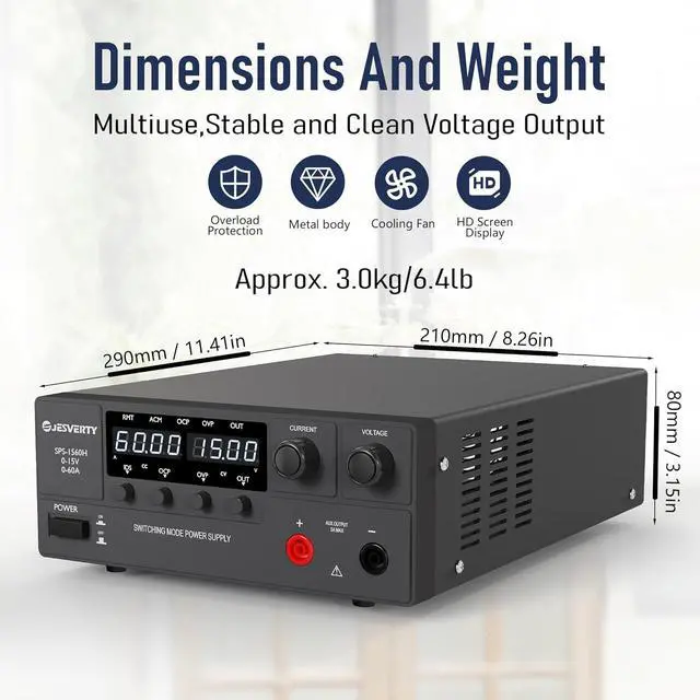 Alt view image 3 of 6 - DC Power Supply Variable, 0-15V 0-60A 900W Switching DC Regulated Bench Power Supply with Encoder Knob, Output On/Off Switch, 4-Digit LED Display, OVP & OCP, Aux Output Terminal - SPS-1560H