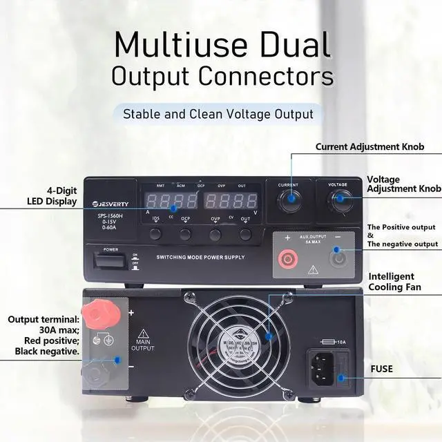 Alt view image 5 of 6 - DC Power Supply Variable, 0-15V 0-60A 900W Switching DC Regulated Bench Power Supply with Encoder Knob, Output On/Off Switch, 4-Digit LED Display, OVP & OCP, Aux Output Terminal - SPS-1560H