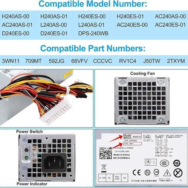 Alt view image 5 of 7 - 240W Power Supply Unit for Dell for OptiPlex 390/790/990/3010/7010/9010 SFF Systems, Replacement for H240AS-00 H240ES-00 D240ES-00 AC240AS-00 L240AS-00