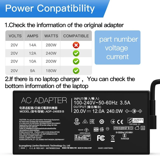 Alt view image 4 of 6 - 240W 20V 12A Zephyrus Charger ADP-240EB B Fit for ASUS ROG Zephyrus Duo 15 GX550LXS, M16 GU603HM, ROG Zephyrus G14 G15 G16 S15 S17 G533 G533QS G733QM GA4A01Q Gaming Laptop Charger