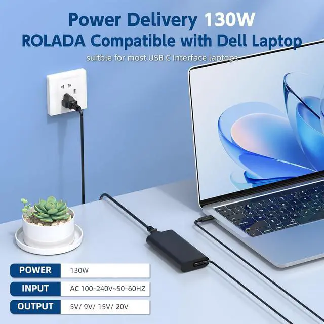 Alt view image 2 of 7 - 130W USB C Laptop Charger for Dell XPS 15 17 9575 9500, Precision 5530 2in1 5550, Latitude 7410 7310 7210 9410 9510 9575 5420 5520 5510 Type C Power Supply Cord