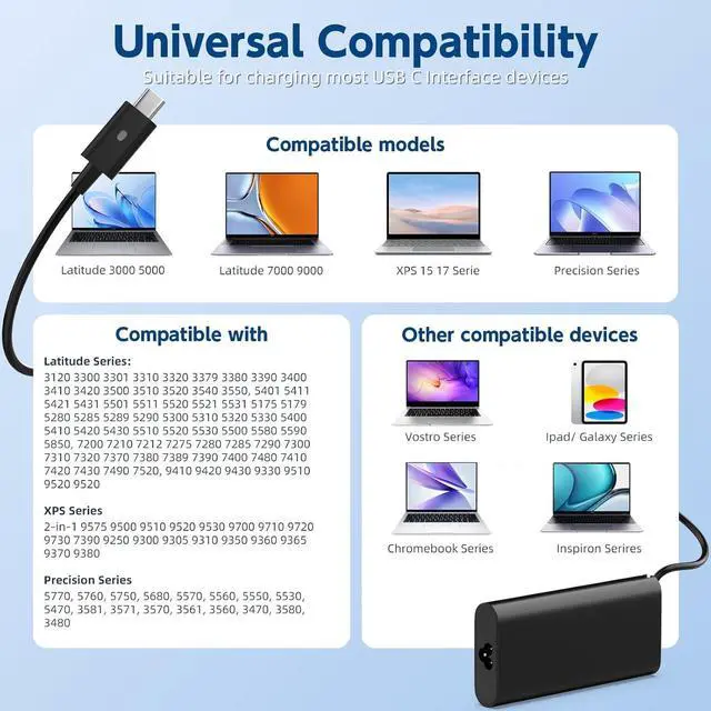 Alt view image 4 of 7 - 130W USB C Laptop Charger for Dell XPS 15 17 9575 9500, Precision 5530 2in1 5550, Latitude 7410 7310 7210 9410 9510 9575 5420 5520 5510 Type C Power Supply Cord