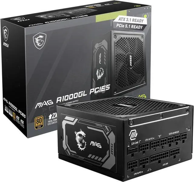 Main image of MSI MAG A1000GL PCIE5, Fully Modular Compact Gaming 1000W Power Supply, 80+ Gold, ATX 3.1 & PCIe 5.1 Ready, Native Dual-Color 12V-2x6 Cable, 10 Year Warranty
