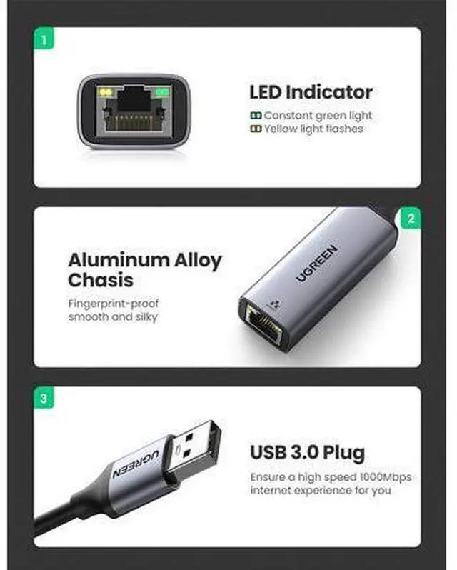 Alt view image 6 of 7 - UGREEN USB Ethernet Adapter USB 3.0 to RJ45 Gigabit Ethernet LAN Network Adapter 10 100 1000Mbps for Nintendo Switch, MacBook Pro Air Mac OS 10.5 and Above Windows 10 8.1 8 7 XP Vista Linux Chrome OS