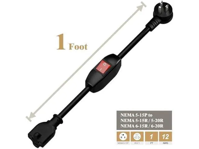Alt view image 2 of 6 - 4-in-1 Heavy Duty On/Off Switch Extension Cord 12-AWG 15A Household Plug to 20A T Blade Adapter Cable with Heavy Duty 23A 125V Inline Switch, 1FT,AC0035