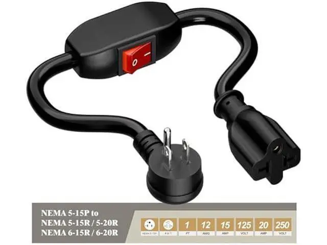 Alt view image 3 of 6 - 4-in-1 Heavy Duty On/Off Switch Extension Cord 12-AWG 15A Household Plug to 20A T Blade Adapter Cable with Heavy Duty 23A 125V Inline Switch, 1FT,AC0035