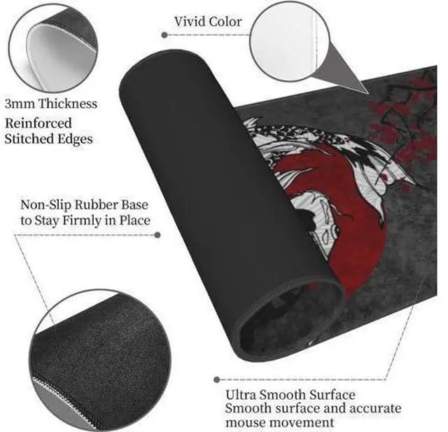 Alt view image 4 of 7 - Japanese Koi Fish Ying Yang Black Red XXL XL Large Gaming Mouse Pad for Desk Non-Slip Long Extended Keyboard Pads Mousepad Rubber Table Mat 31.5 X 11.8 Inch