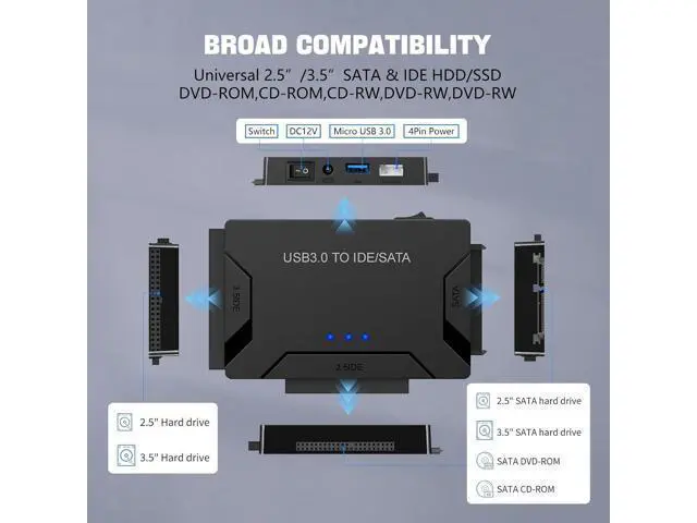 Alt view image 4 of 7 - MaxRenard Hard Drive Reader USB 3.0 to SATA/IDE Adapter | Universal External Hard Drive Reader & Data Recovery Converter Kit for 2.5"/3.5" HDD/SSD | with 12V/2A Power Supply