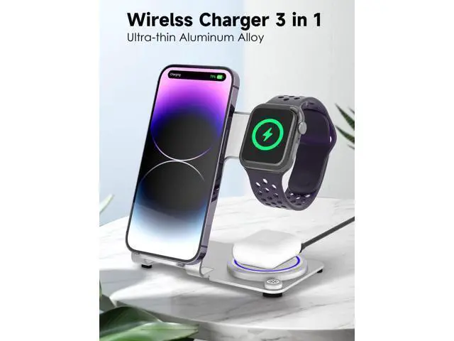 Alt view image 2 of 7 - Wireless Charger 3 in 1,Aluminum Alloy Wireless Charging Stand 18W Fast Charging for iPhone 15/14/13/12/11/Pro/Max/XS/XR/X/8, iWatch9/8/7/6/5/4/3/2/SE, Airpods Pro/3/2