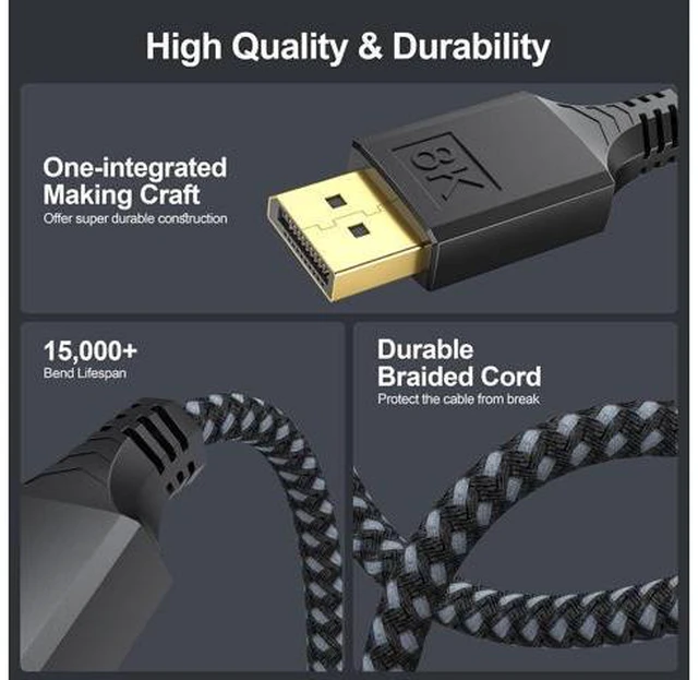 Alt view image 4 of 7 - DisplayPort Cable 1.4 15FT DP Display Port Cord (8K@60Hz 4K@144Hz 2K@240Hz 32.4Gbps) Braided Male to Male Compatible for Computer Monitor PC Gaming Laptop TV