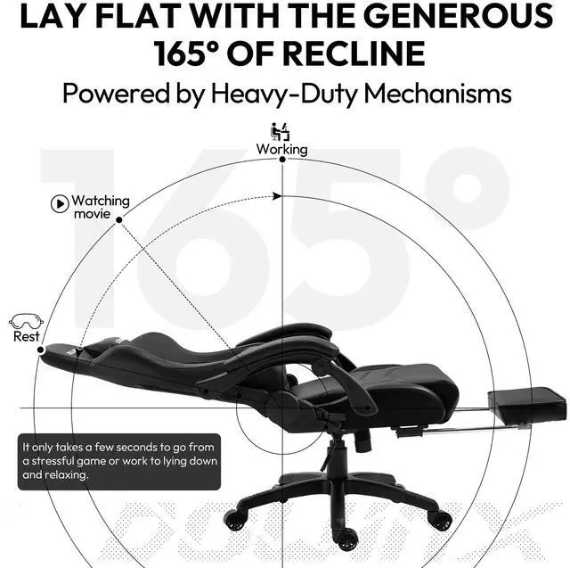 Alt view image 6 of 7 - Gaming Chair Ergonomic Racing Style Recliner with Massage Lumbar Support, Office Armchair for Computer PU Leather E-Sports Gamer Chairs with Retractable Footrest(Black)
