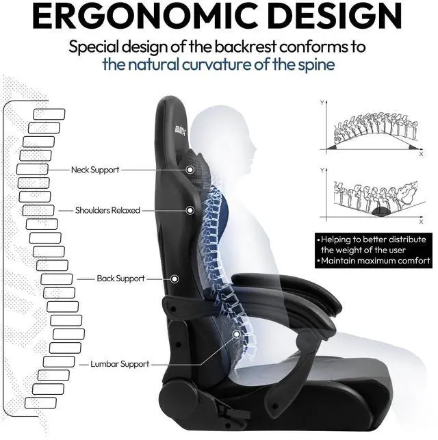 Alt view image 2 of 7 - Gaming Chair Ergonomic Racing Style Recliner with Massage Lumbar Support, Office Armchair for Computer PU Leather E-Sports Gamer Chairs with Retractable Footrest(Black)