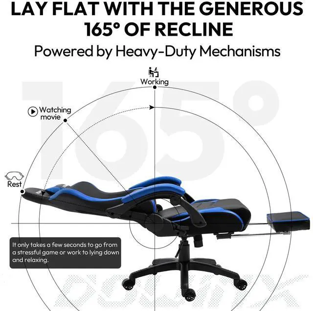 Alt view image 6 of 7 - Gaming Chair Ergonomic Racing Style Recliner with Massage Lumbar Support, Office Armchair for Computer PU Leather E-Sports Gamer Chairs with Retractable Footrest (Black&Blue)