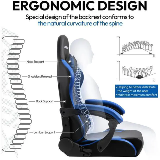 Alt view image 2 of 7 - Gaming Chair Ergonomic Racing Style Recliner with Massage Lumbar Support, Office Armchair for Computer PU Leather E-Sports Gamer Chairs with Retractable Footrest (Black&Blue)