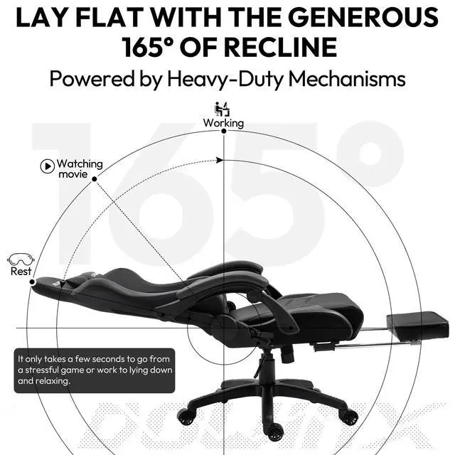 Alt view image 6 of 7 - Gaming Chair Ergonomic Office Recliner for Computer with Massage Lumbar Support, Racing Style Armchair PU Leather E-Sports Gamer Chairs with Retractable Footrest (Black&Gray)