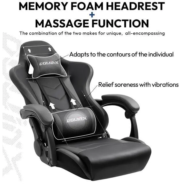 Alt view image 4 of 7 - Gaming Chair Ergonomic Office Recliner for Computer with Massage Lumbar Support, Racing Style Armchair PU Leather E-Sports Gamer Chairs with Retractable Footrest (Black&Gray)
