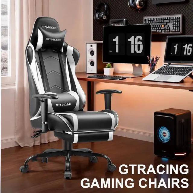 Alt view image 2 of 7 - Gaming Chair with Footrest PU Leather Office Chair with Adjustable Headrest, White
