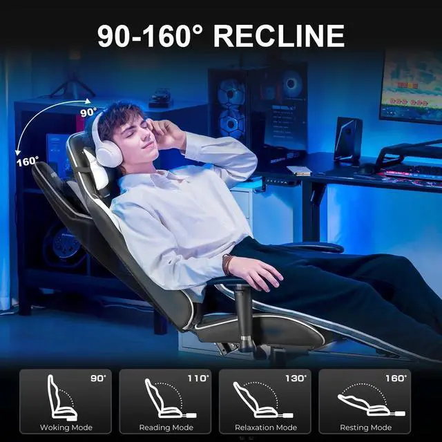 Alt view image 6 of 7 - Gaming Chair with Footrest PU Leather Office Chair with Adjustable Headrest, White