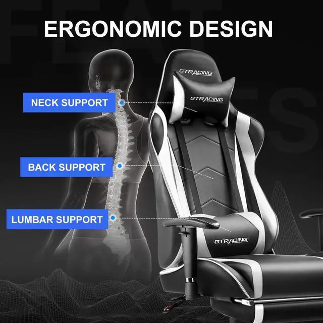 Alt view image 7 of 7 - Gaming Chair with Footrest PU Leather Office Chair with Adjustable Headrest, White