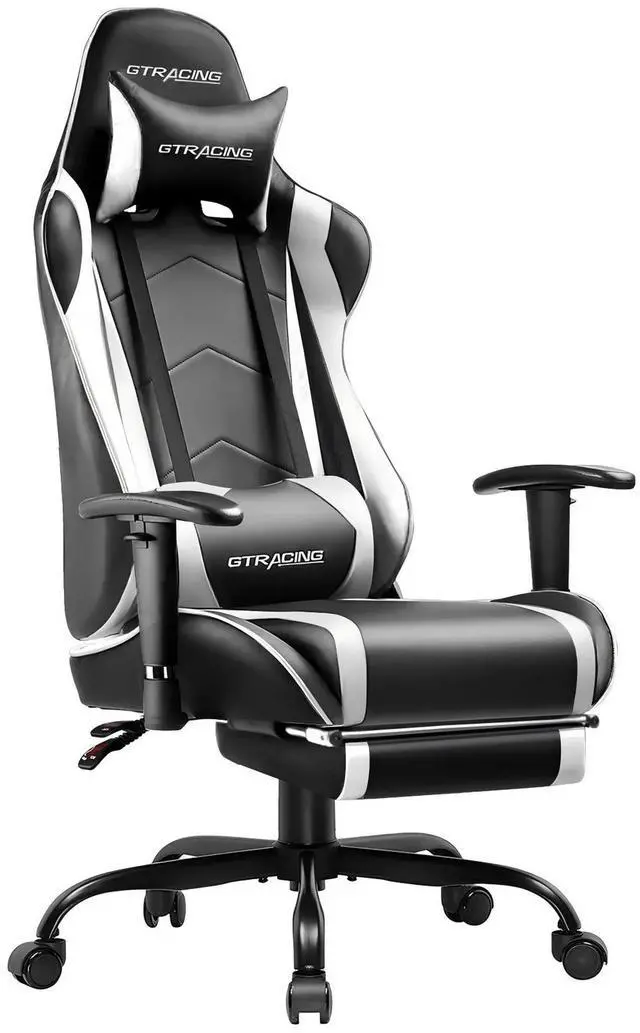 Main image of Gaming Chair with Footrest PU Leather Office Chair with Adjustable Headrest, White