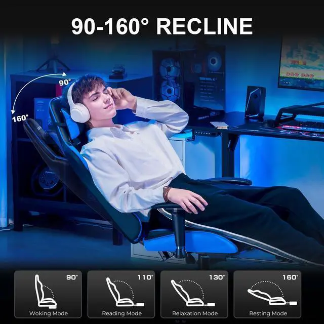 Alt view image 6 of 7 - Gaming Chair Office Chair PU Leather with Footrest&Adjustable Headrest,Blue