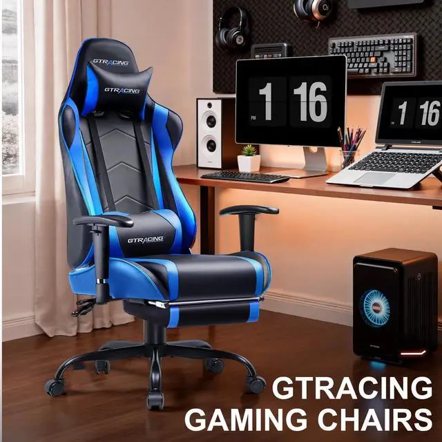 Alt view image 2 of 7 - Gaming Chair Office Chair PU Leather with Footrest&Adjustable Headrest,Blue