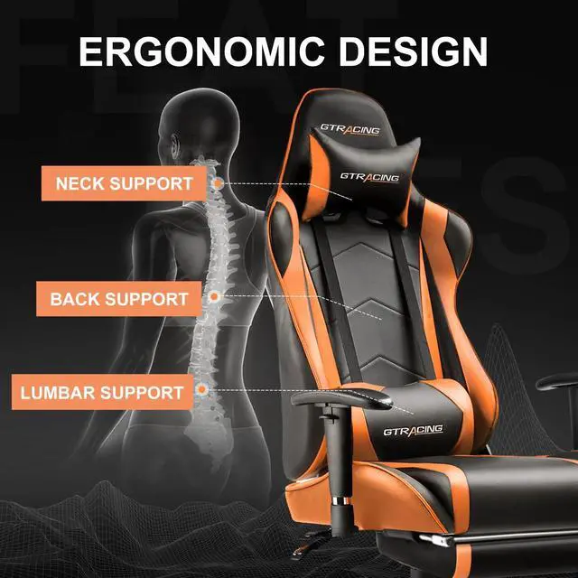 Alt view image 6 of 7 - Gaming Chair Office Chair PU Leather with Footrest&Adjustable Headrest, Orange