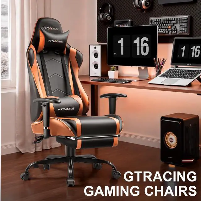 Alt view image 2 of 7 - Gaming Chair Office Chair PU Leather with Footrest&Adjustable Headrest, Orange