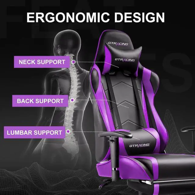 Alt view image 6 of 7 - Gaming Chair with Footrest PU Leather Office Chair with Adjustable Headrest, Purple