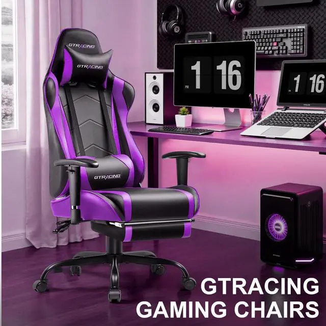 Alt view image 2 of 7 - Gaming Chair with Footrest PU Leather Office Chair with Adjustable Headrest, Purple